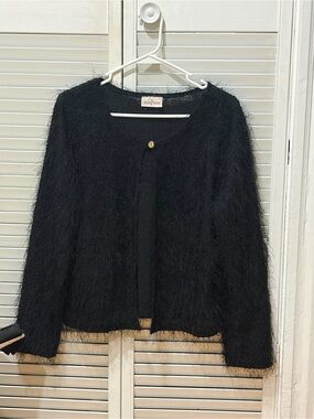 Women’s Black Fuzzy Single-Button Cardigan Sweater